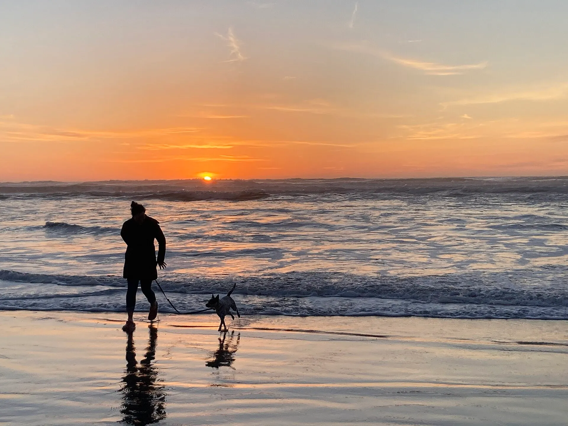 Una mujer y su perro corriendo juntos por la playa al atardecer